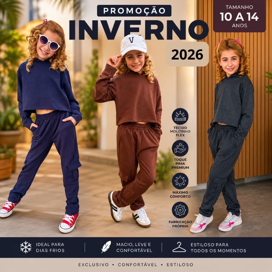 Conjunto Infantil Juvenil Menina Moletinho Flex Toque Pima Premium Calça Cargo + Casaco Manga Longa Inverno Tam 10 ao 14