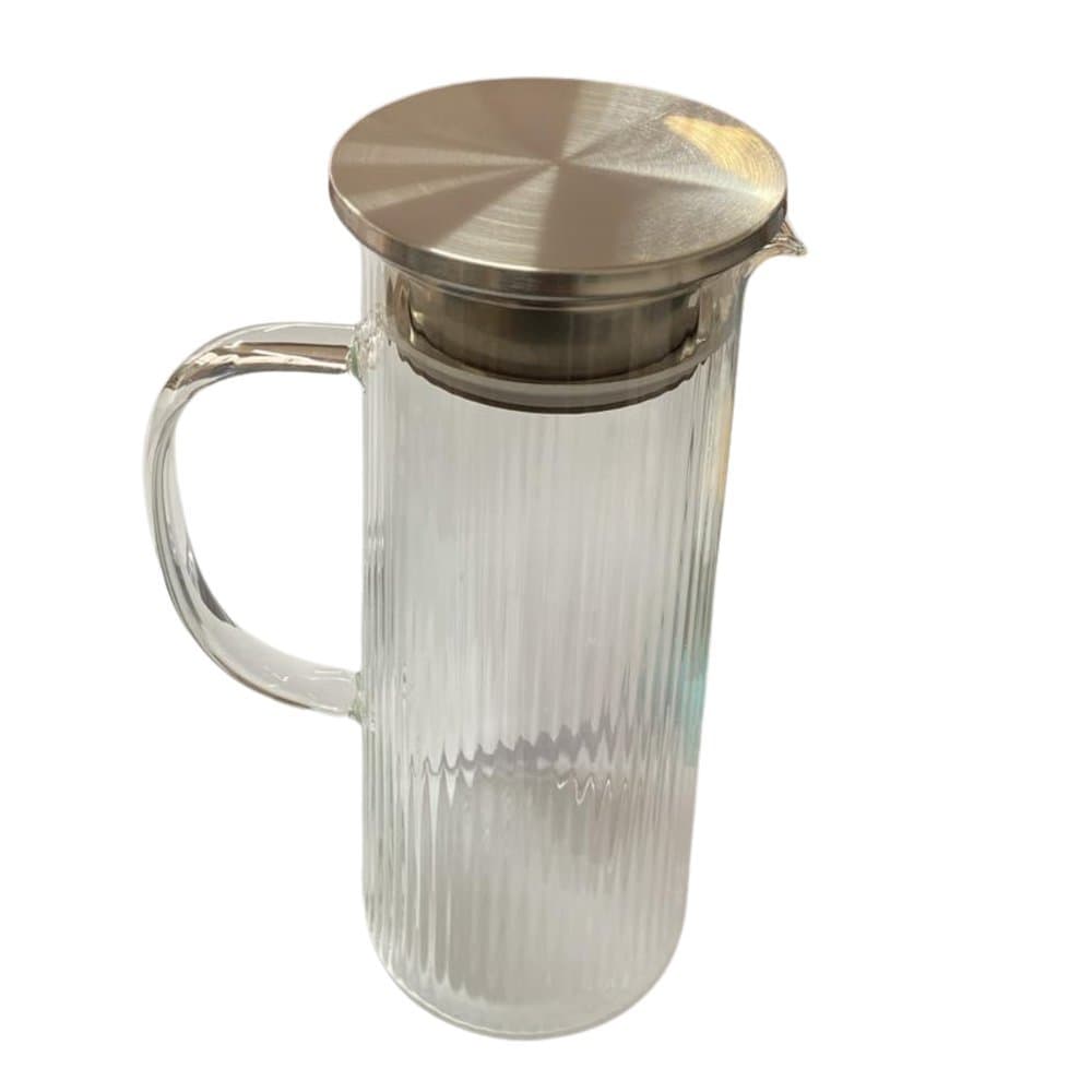 Jarra de Vidro Borossilicato Acqua 1,4L com Tampa Inox Canelada para Água Suco Chá Transparente