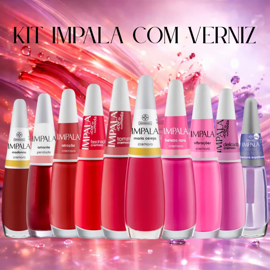 Kit 10 Esmaltes Impala Tons de Vermelho e Rosa com Verniz ExtraBrilho Cobertura Espelhada Manicure