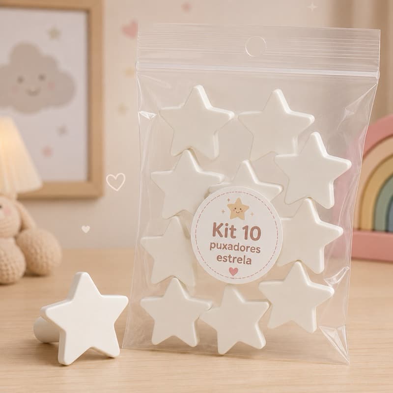 Kit 10 Puxadores Estrela para Guarda-Roupa Infantil | Decoração Quarto de Bebê COD-033