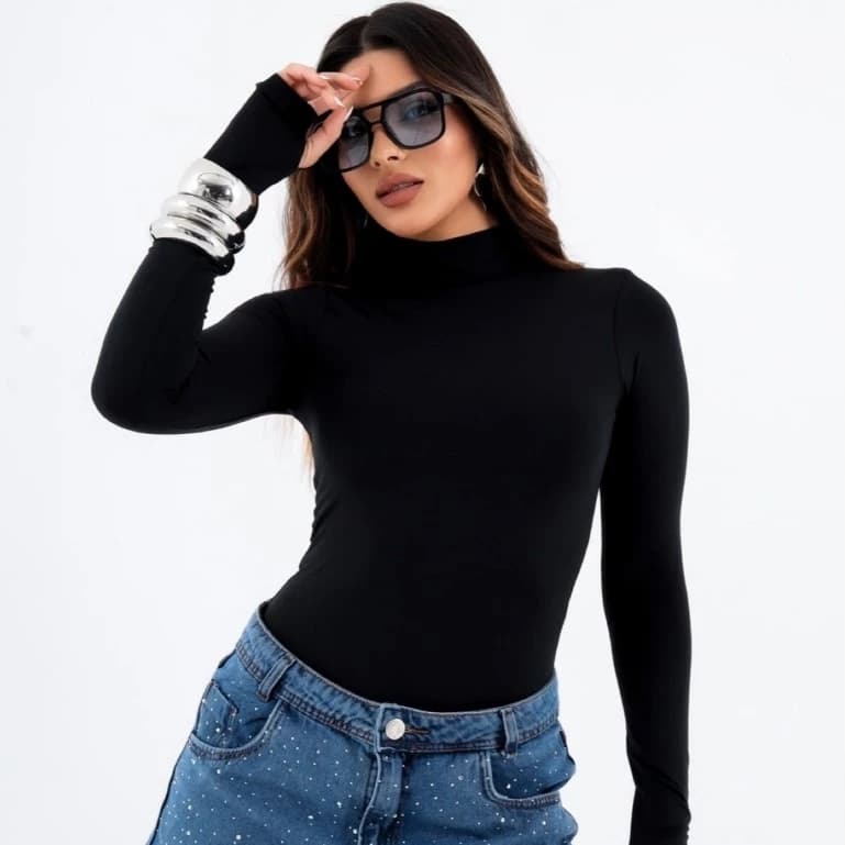 BLUSA  GOLA ALTA MANGA LONGA COM DEDINHO JUSTA NO CORPO SUPLEX JUSTA NO CORPO FEMININA CASUAL BASICO DIA A DIA