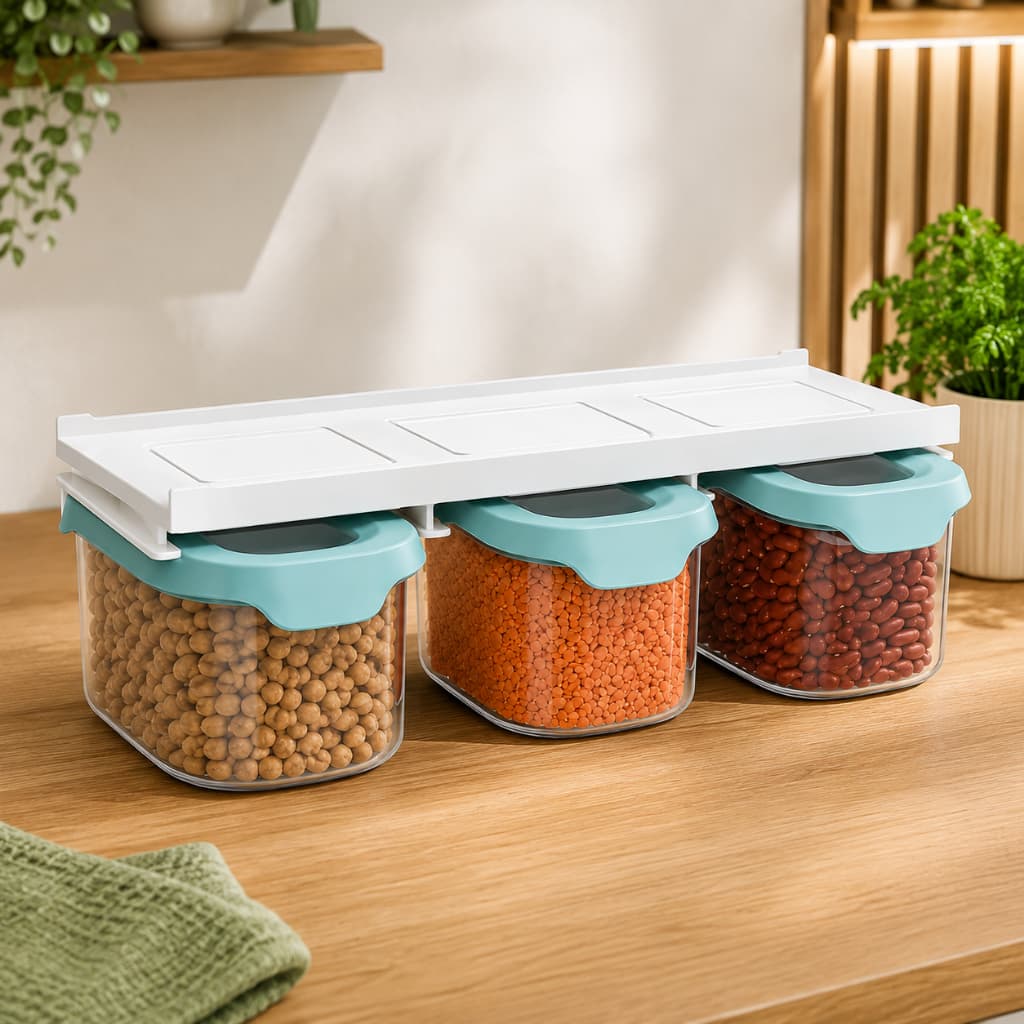 Kit 3 Potes Herméticos 900ml + Suporte Organizador para Armário | Tampa Verde | Porta Mantimentos