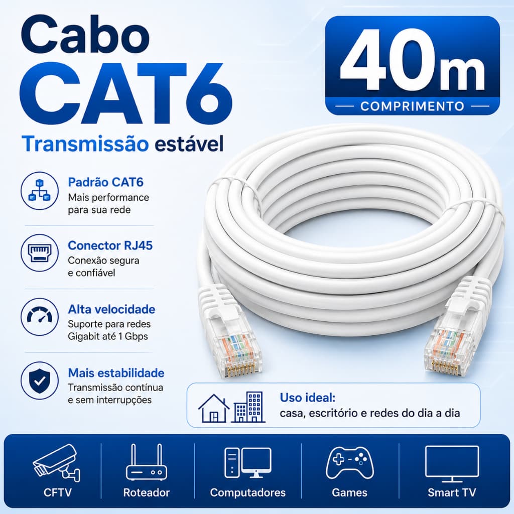 Cabo de Rede Ethernet Cat6 40m RJ45 Alta Velocidade Gigabit para Uso Interno e Externo Internet PC Roteador