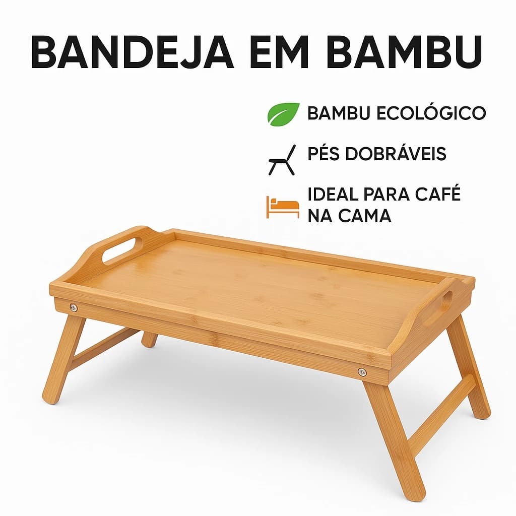 Bandeja Mesa De Cafe da Manhã Em Bambu Com Pezinho Para Cama e Sofa