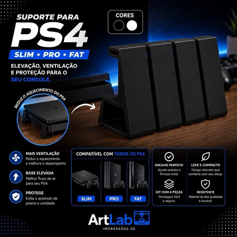 Kit com 4 Suportes Pesinhos de Elevação para PS4 SLIM PRO FAT MINIMALISTA E FUNCIONAL VENTILAÇÃO