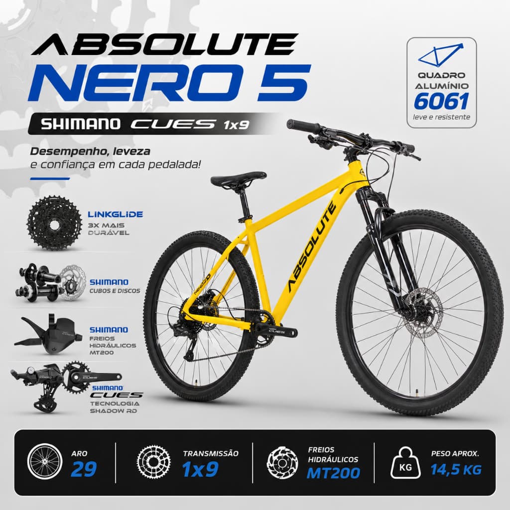 Bicicleta Aro 29 Absolute Nero 5 Shimano CUES 1x9 – Freios Hidráulicos MT200