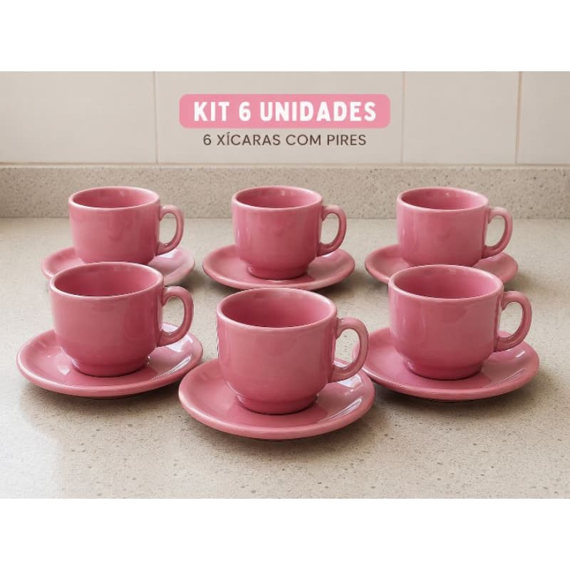 Kit 6 Xícaras para Chá com Pires Rosa – Cerâmica | Jogo com 6 Unidades