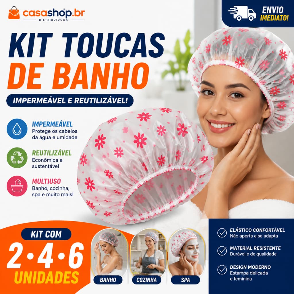 Touca de Banho Impermeável Reutilizável Feminina Kit 2 4 ou 6 Unidades