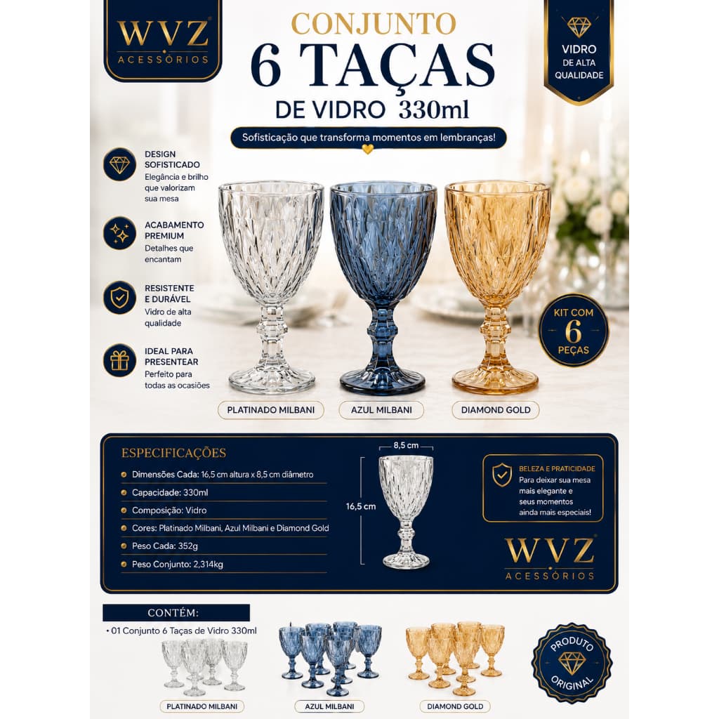 Conjunto 6 Taças Vidro 330ml Azul Milbani  Platinado Milbani Diamond Gold Mesa Posta WVZ