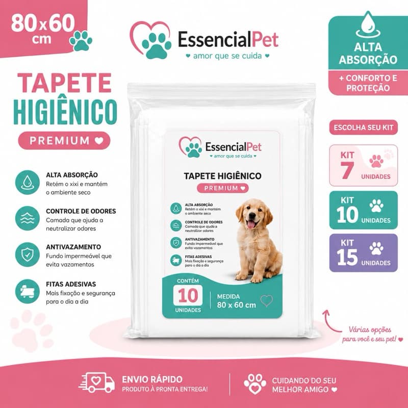 Tapete Higiênico Premium 80x60 para Cachorro | Alta Absorção | Com Fitas Adesivas | Kit 7, 10, 15 unidades