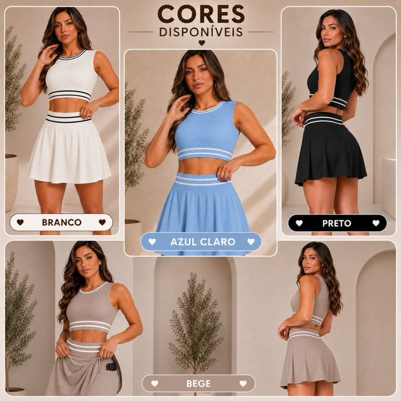 Conjunto Fitness Feminino Saia Short com Top de Bojo | Bolso Interno | Academia e Beach Tennis