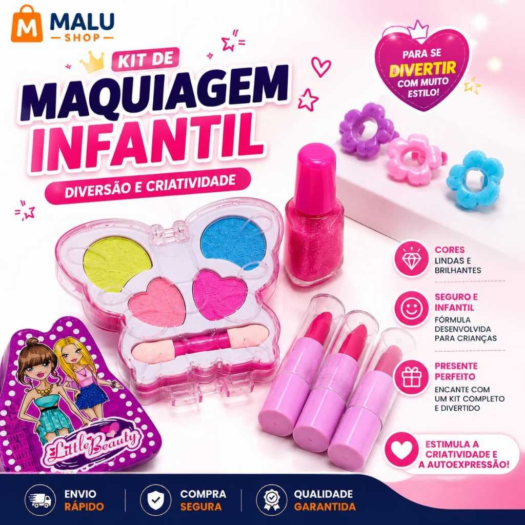 Kit Maquiagem Infantil Menina Completo Little Beauty com Batons Esmalte Sombras Presente Brinquedo Educativo Perfeita