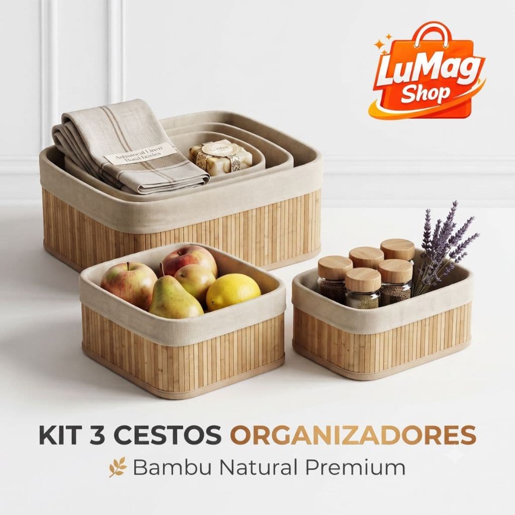 Kit 3 Cestos Organizadores de Bambu para Cozinha Banheiro Lavanderia Escritório Multiuso Decorativo