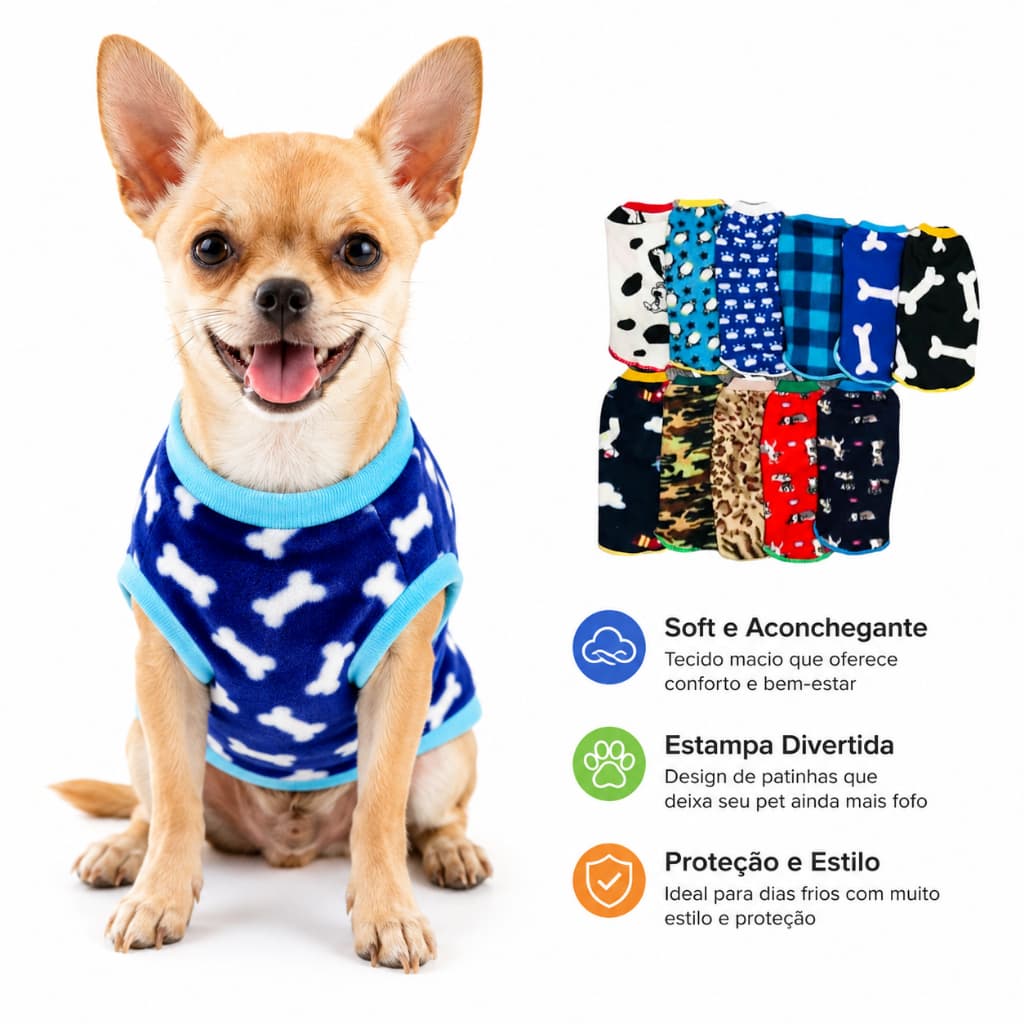Roupa Pet para Cachorro Soft Inverno Quentinha Estampas Variadas (Unitário) Unissex - Tamanhos 0 ao 13