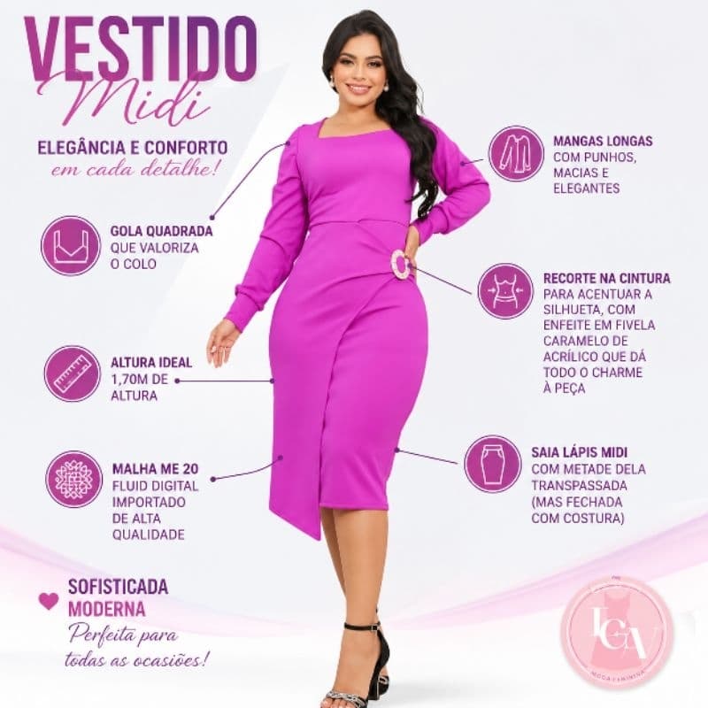Vestido Midi Tubinho Moda Evangélica Fúcsia Manga Longa Justo Mulher Elegante  Festa Envio Imediato