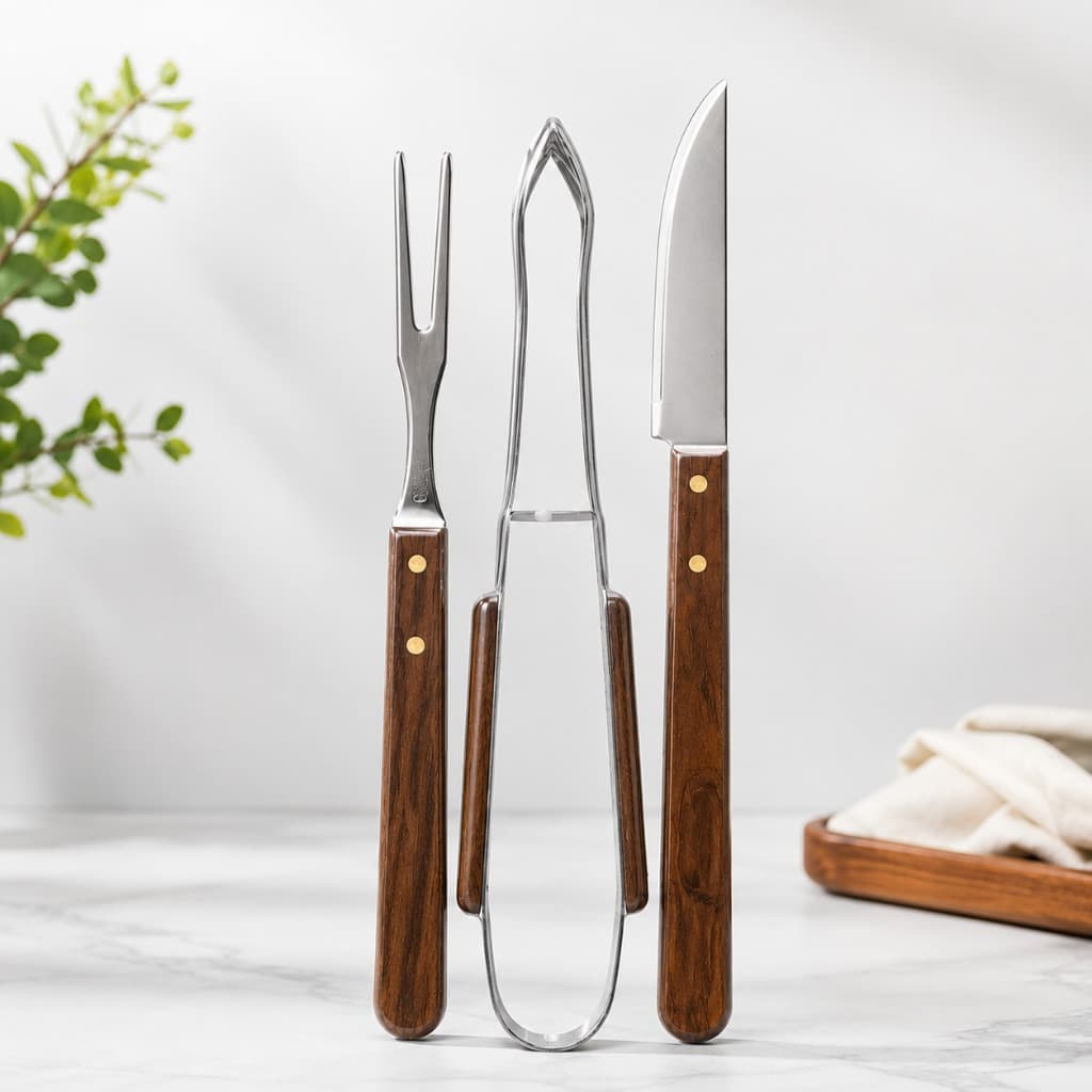 Kit Churrasco 3 Peças com Faca Garfo e Pegador em Aço Inox Cabo de Madeira Presente Dia dos Pais
