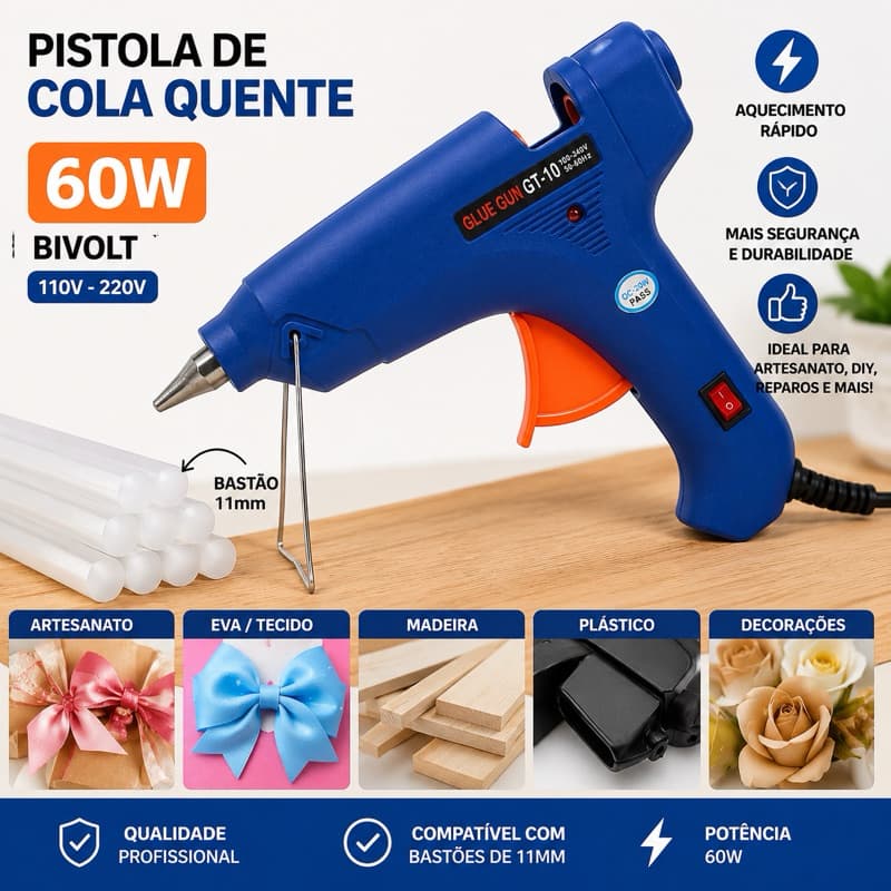 Pistola Cola Quente Profissional 60W Bivolt 11mm Aplicador Cola Quente Artesanato DIY Reparos Escolares Alta Temperatura