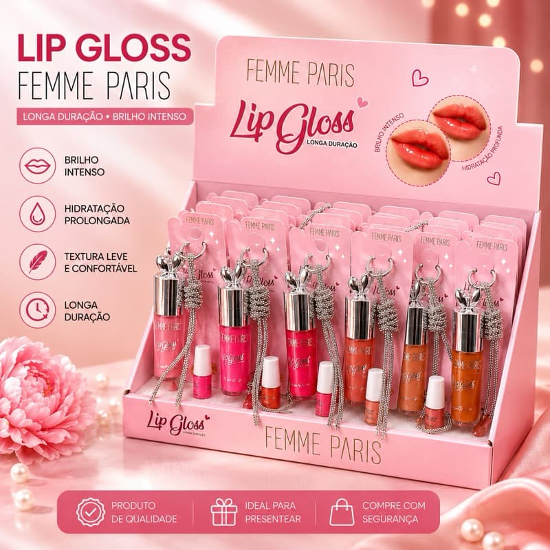 Lip Gloss Brilhante C/ Alça de Strass-Femme Paris-LipGloss-Maquiagem-Brilho-Hidratante-Strass-Make-Beleza-LipGlow