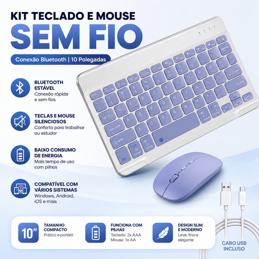 Teclado Sem Fio por Bluetooth com Mouse a pilha e cabo USB - 10 Polegadas Orbitta