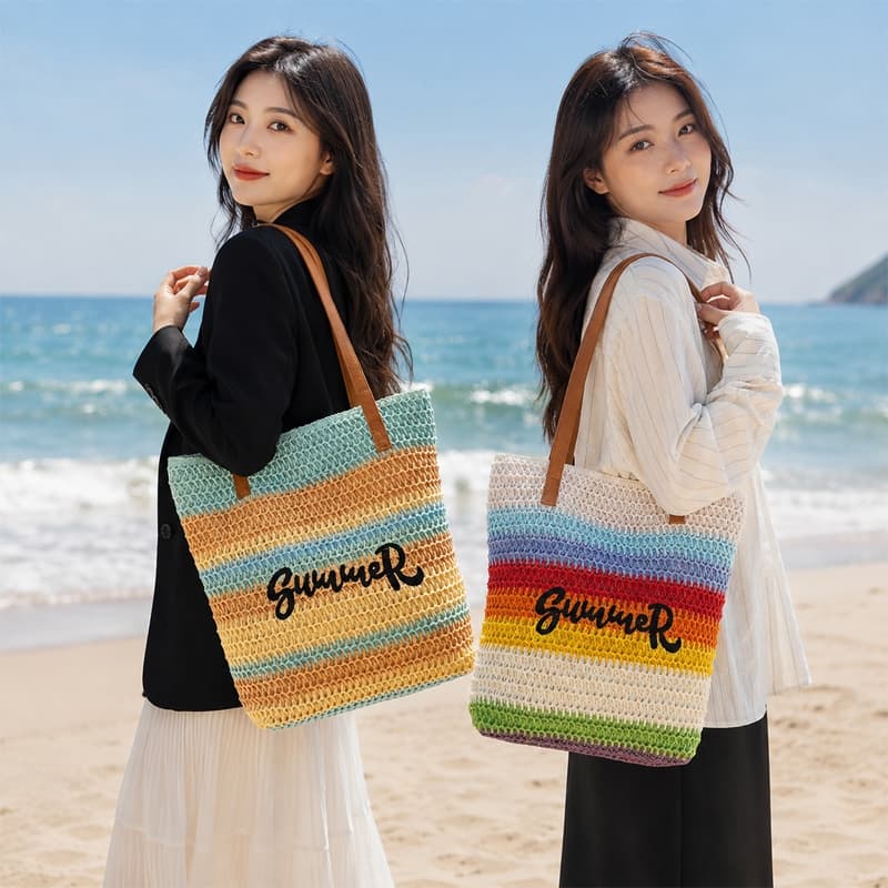 Bolsa de Praia Feminina Palha Colorida Grande Tote Artesanal Bordada Ombro Verão com Alça de Couro