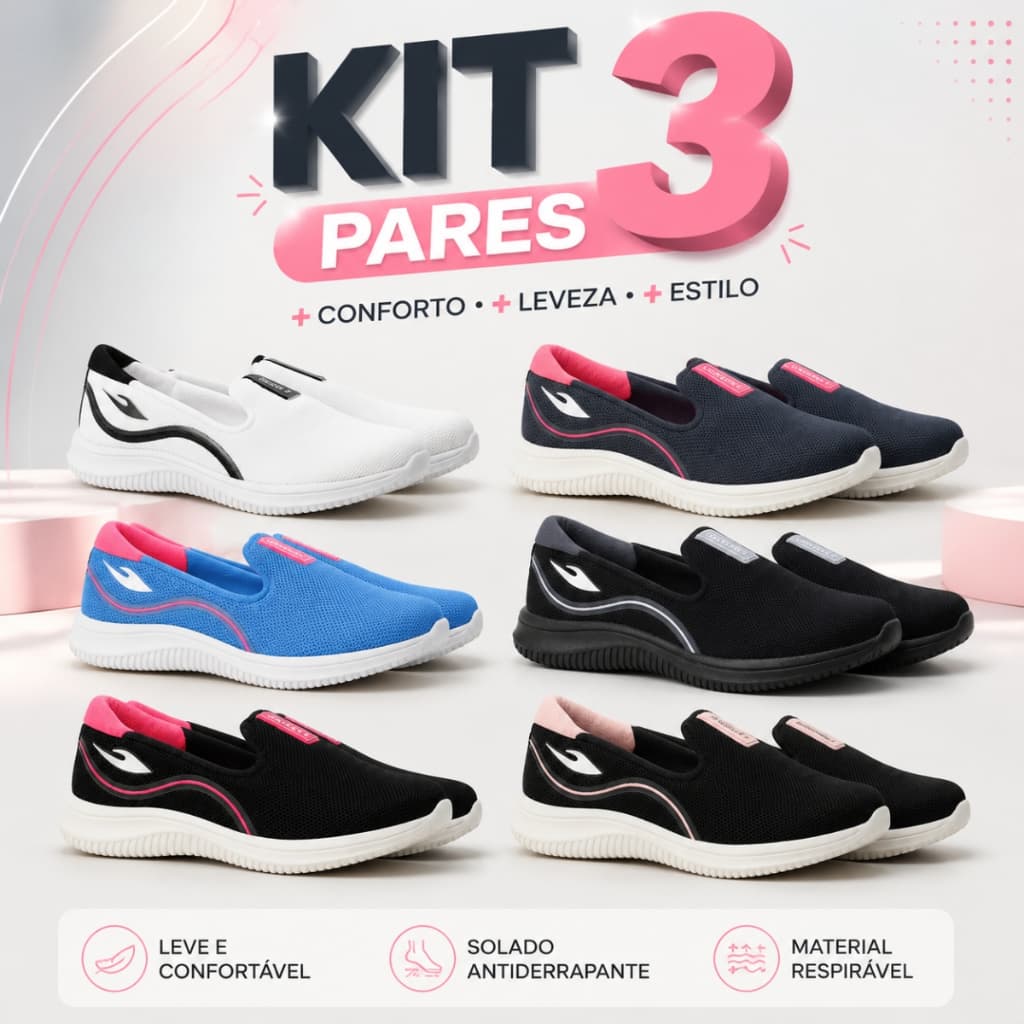Kit 3 Pares Sapatilha Tênis Feminina Slip On Leve Macio Confortável Casual Trabalho Calce Fácil