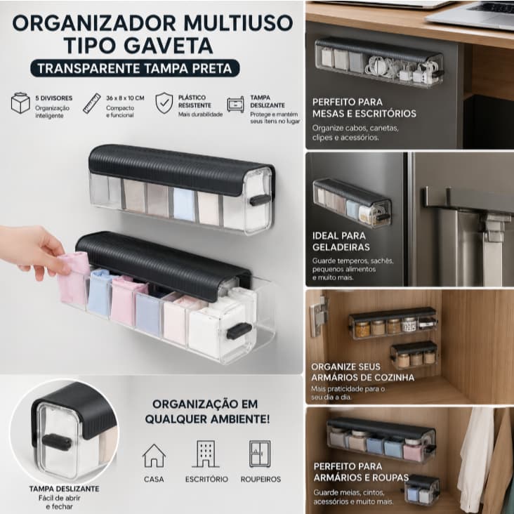 Organizador Prático Resistente Modelo Gaveta com 5 divisórias- Arqplast