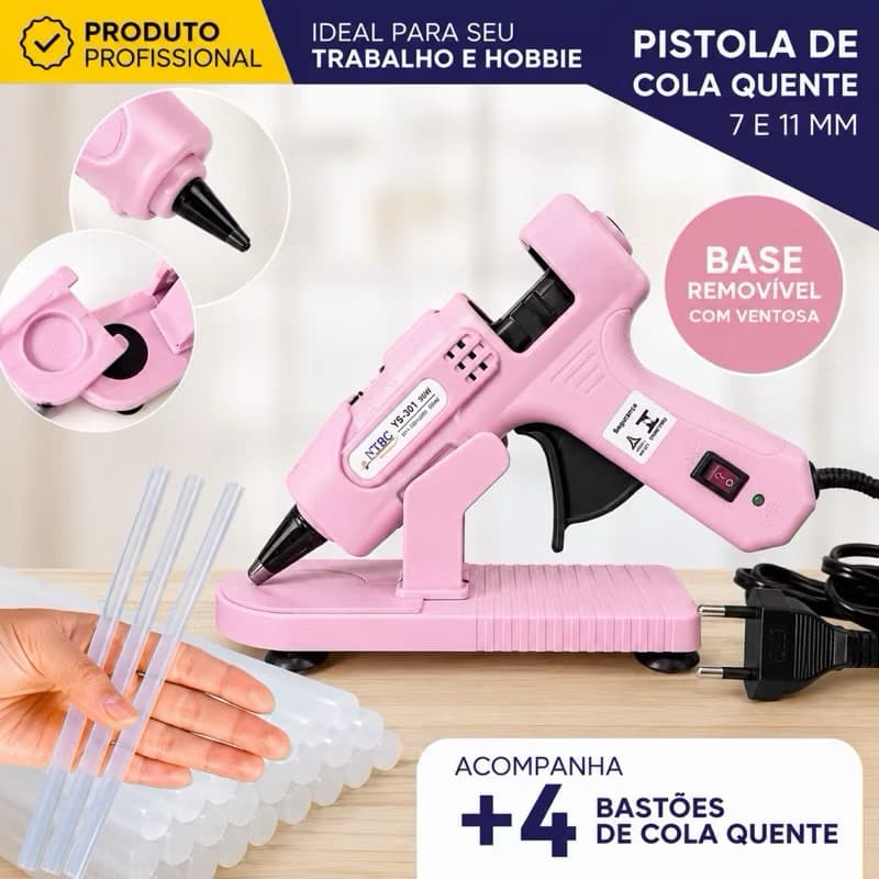 Pistola cola quente pequena luxo - bivolt - lilás/verde, rosa/preto e preto/laranja - brinde 4 cola