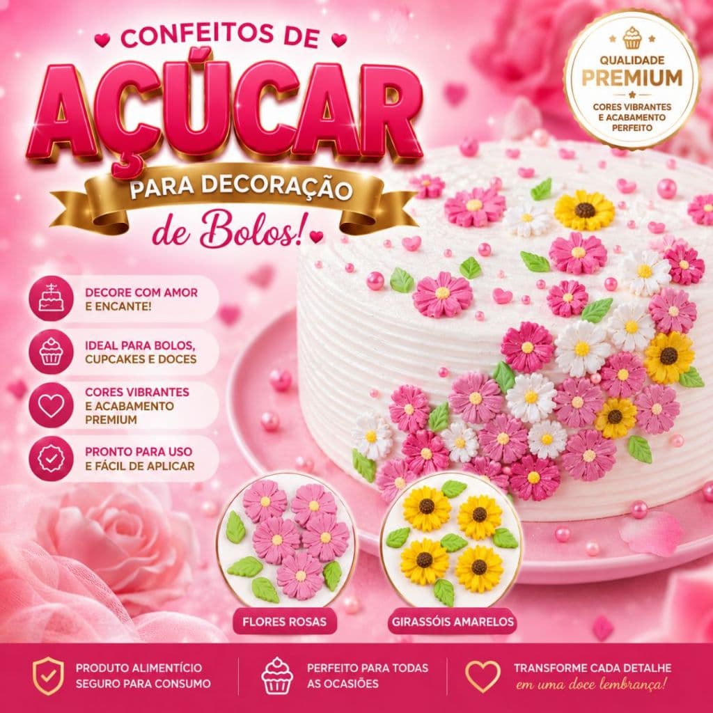Confeitos de Açúcar Sprinkles Flores Margaridas Cactus Artesanais 100% Comestíveis - Diversas Opções