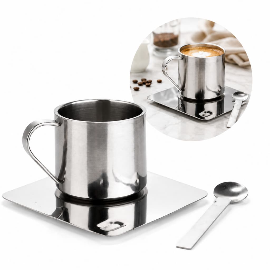Xícara Térmica Aço Inox 304 Parede Dupla - Pires Retangular Colher Inox 170ML- Café Chá Bebidas
