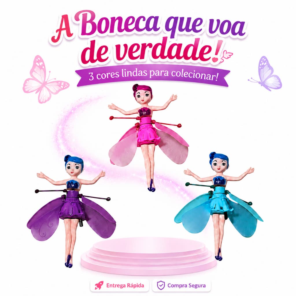 Boneca Fada Voadora Mágica com Sensor | Voa de Verdade | Recarregável USB | Presente Infantil – 3 Cores
