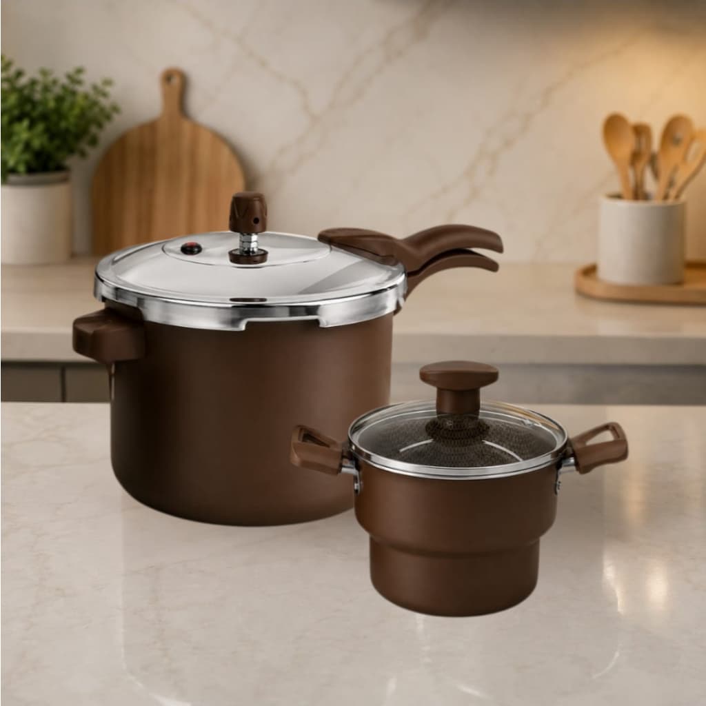 Kit Panela de Pressão 4,5L + Cuscuzeira Tampa de Vidro Cores Modernas