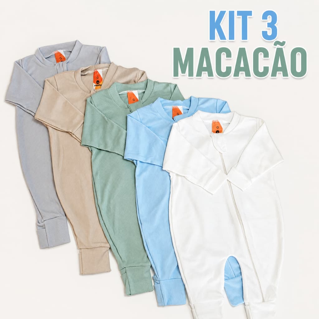 KIT 3 Macacão com zíper bebê menino Canelado Sortidos - Serafina