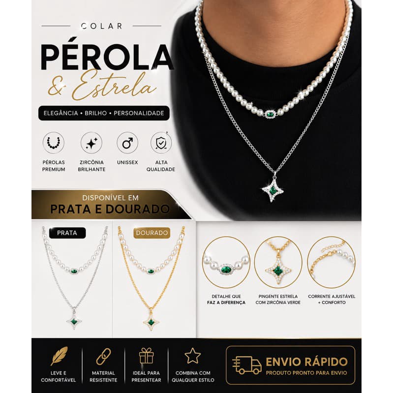 Colar Duplo de Pérolas com Pingente Estrela Unissex Prata e Dourado Ajustável Premium