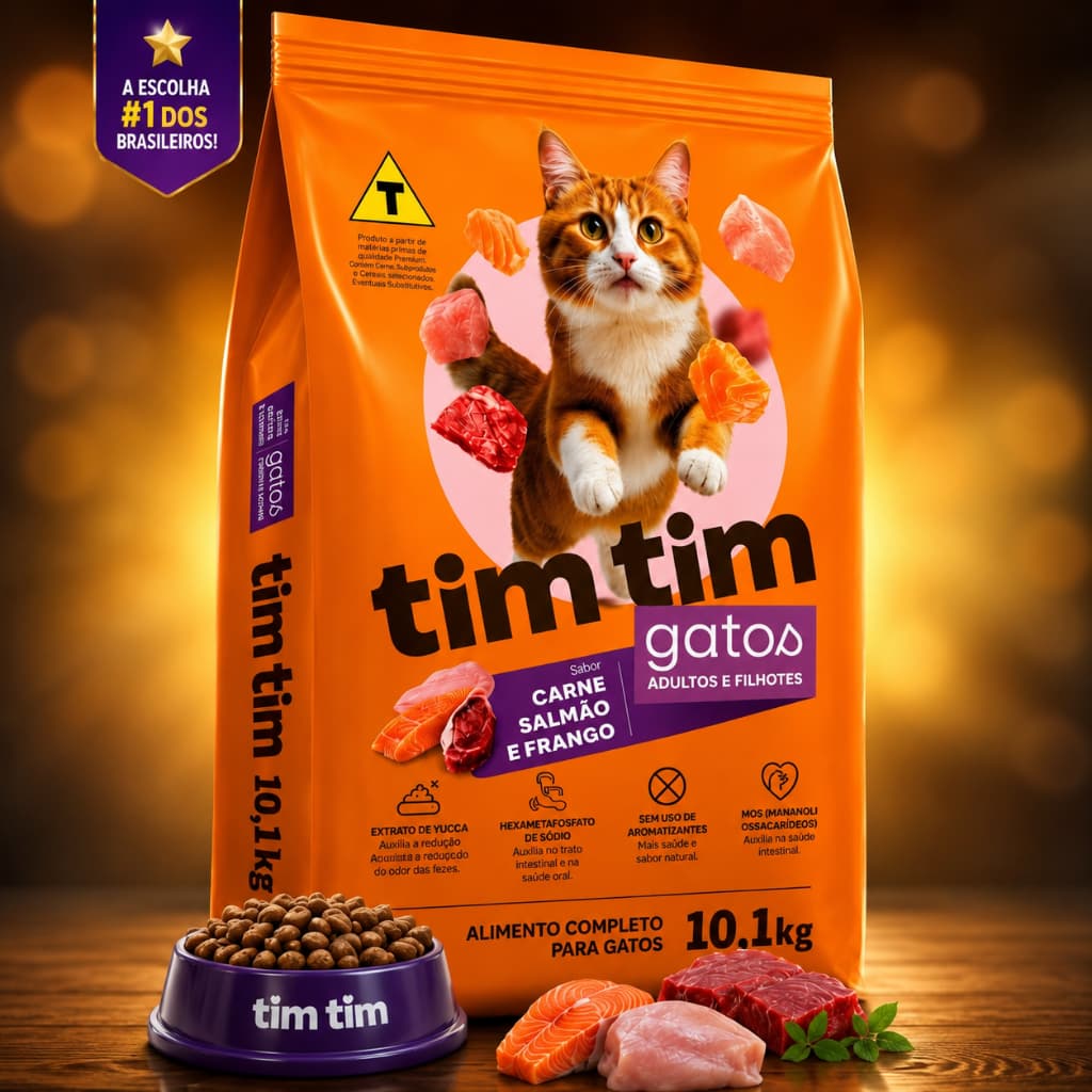 RAÇÃO PARA GATOS 10KG PREMIUM 3 EM 1 TIM TIM CAT  – Sabor Carne, Salmão e Frango (SEM CORANTE)