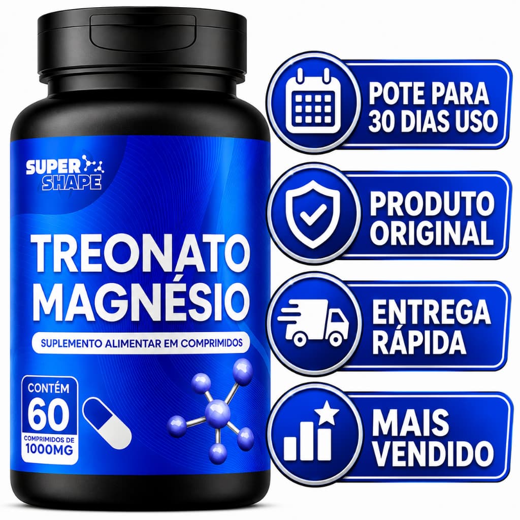 Treonato de Magnésio Original 1000 mg com Treonina 60 Comprimidos - POTE PARA 30 DIAS USO