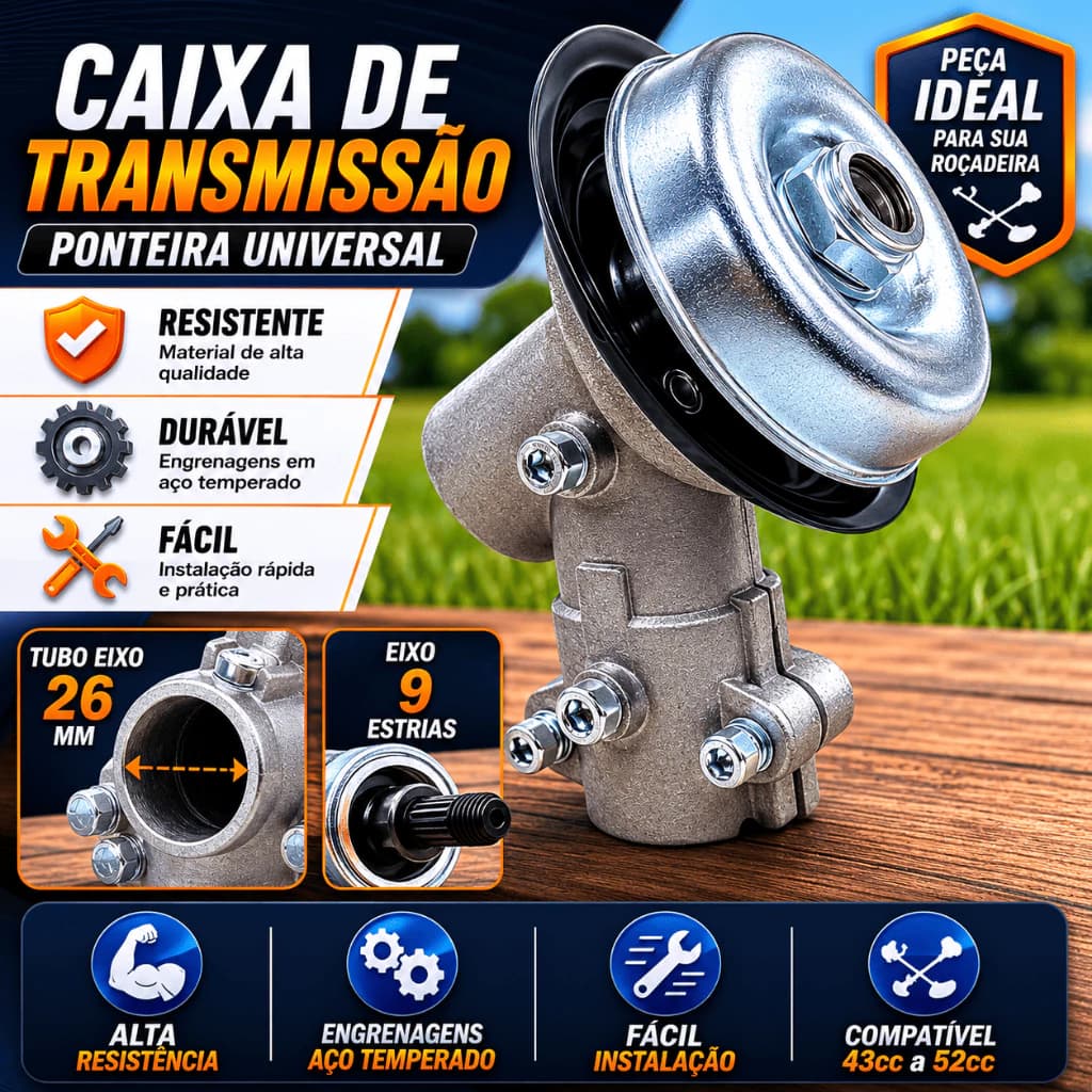 Caixa de Transmissão Ponteira para Roçadeira Universal 26 mm 9 Estrias 43cc a 63cc