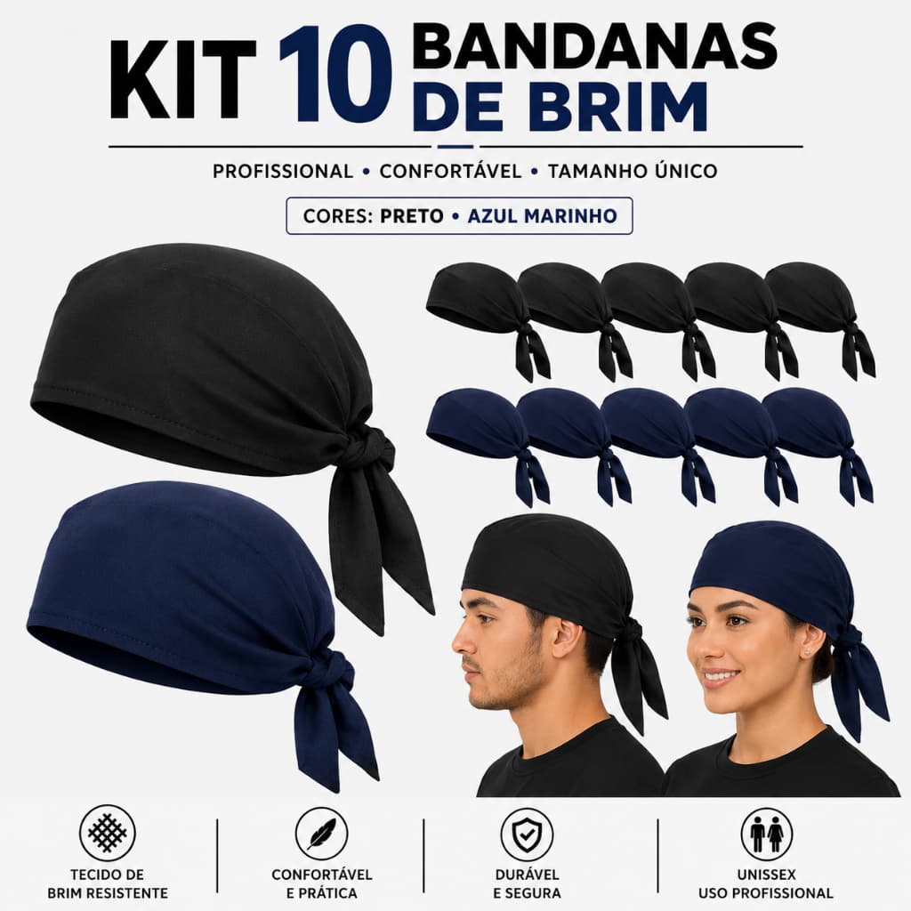 Kit 10 Bandana Cozinha Unissex - Touca Garçom Chef Barman Restaurante Cozinheiro Preto e Azul Pizzaria