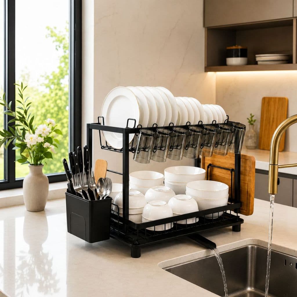 Escorredor De Louças Aço Inox 2 Andares Pia Cozinha Luxo Preto Rack Organização