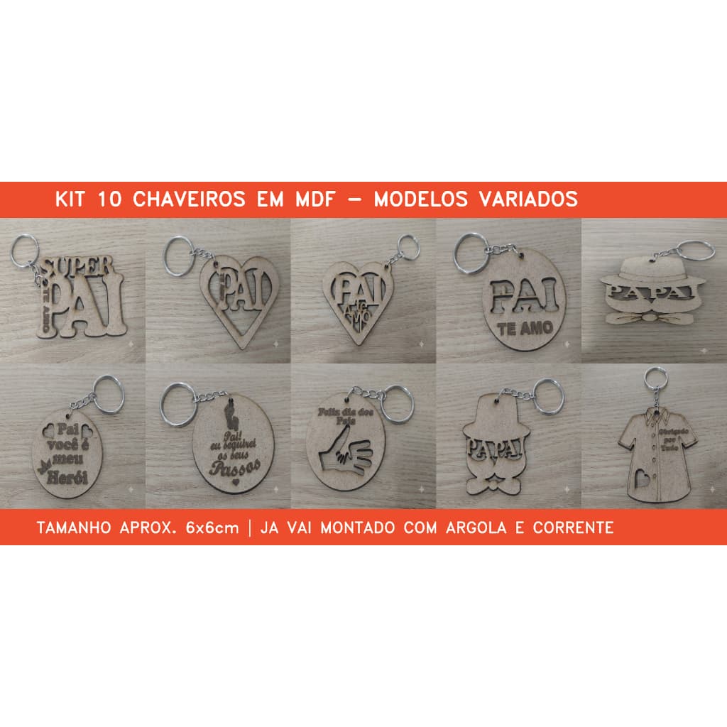 Kit 10 Chaveiros Diversos MDF Dia dos Pais Lembrancinha Atacado