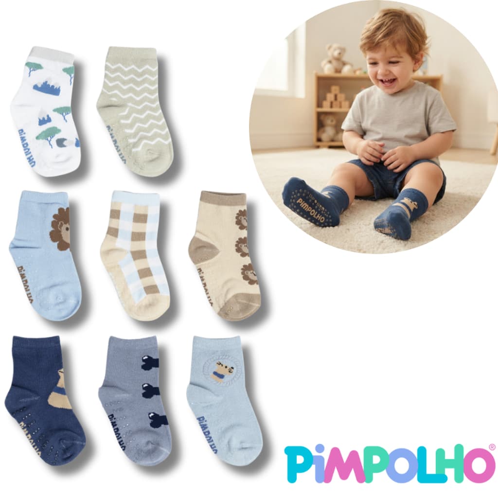 Kit Meia da Pimpolho Antiderrapante Para Bebe Tam.21-25 Kit com 3UN de Meias Menino Masculino Linda