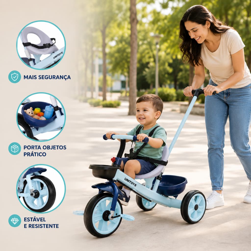 Triciclo Infantil 3 rodas Primeiros Pedais com Empurrador Dirigível Cinto Segurança Ensina a Pedalar