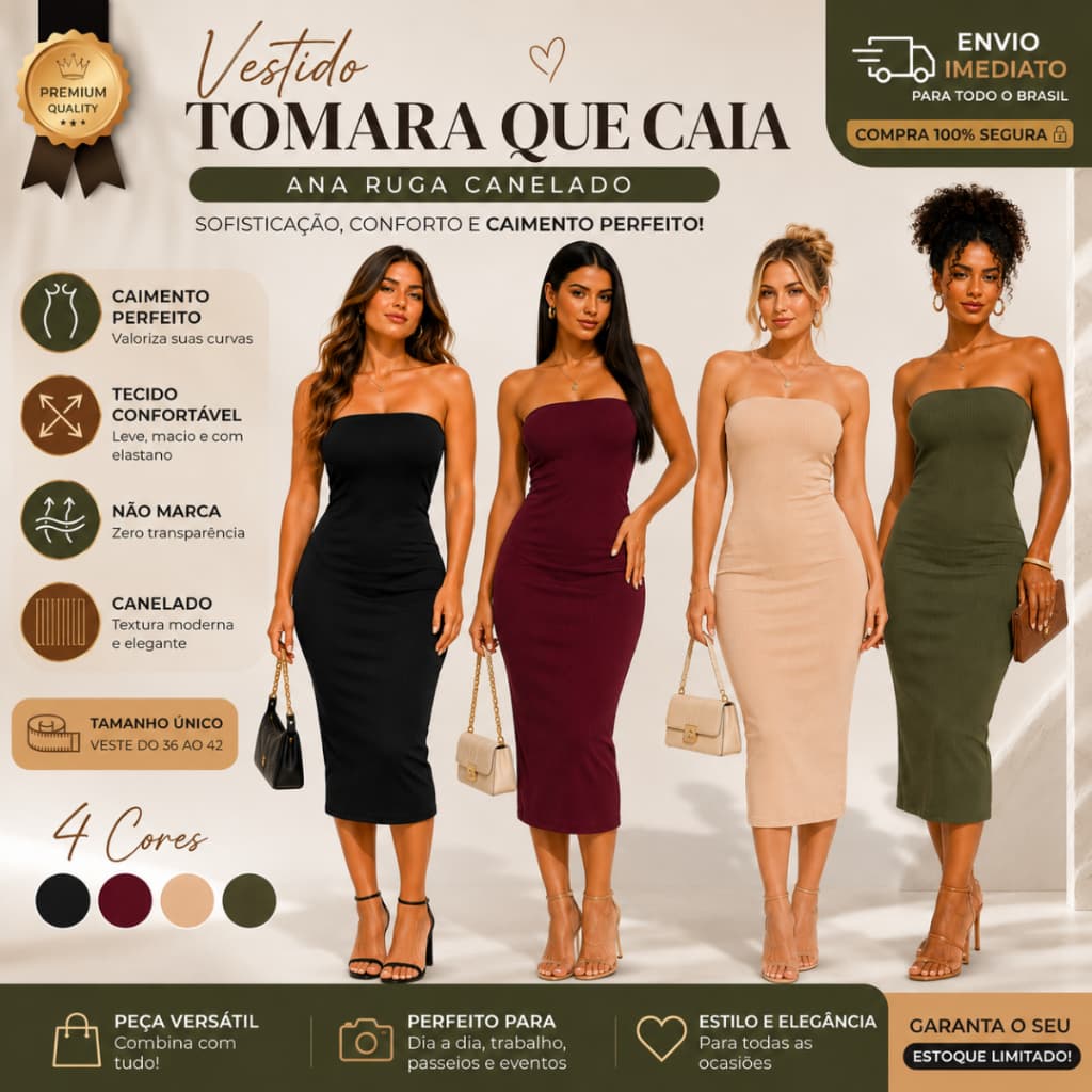 Vestido Midi Feminino Tomara que Caia Canelado Tubinho Elegânte Casual Blogueira