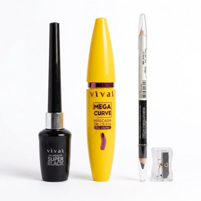 kit Para Olhos R铆mel Mega Volume Preto +Lapis Dum Branco e Preto+ Delineador Ultra Black Preto Vivai