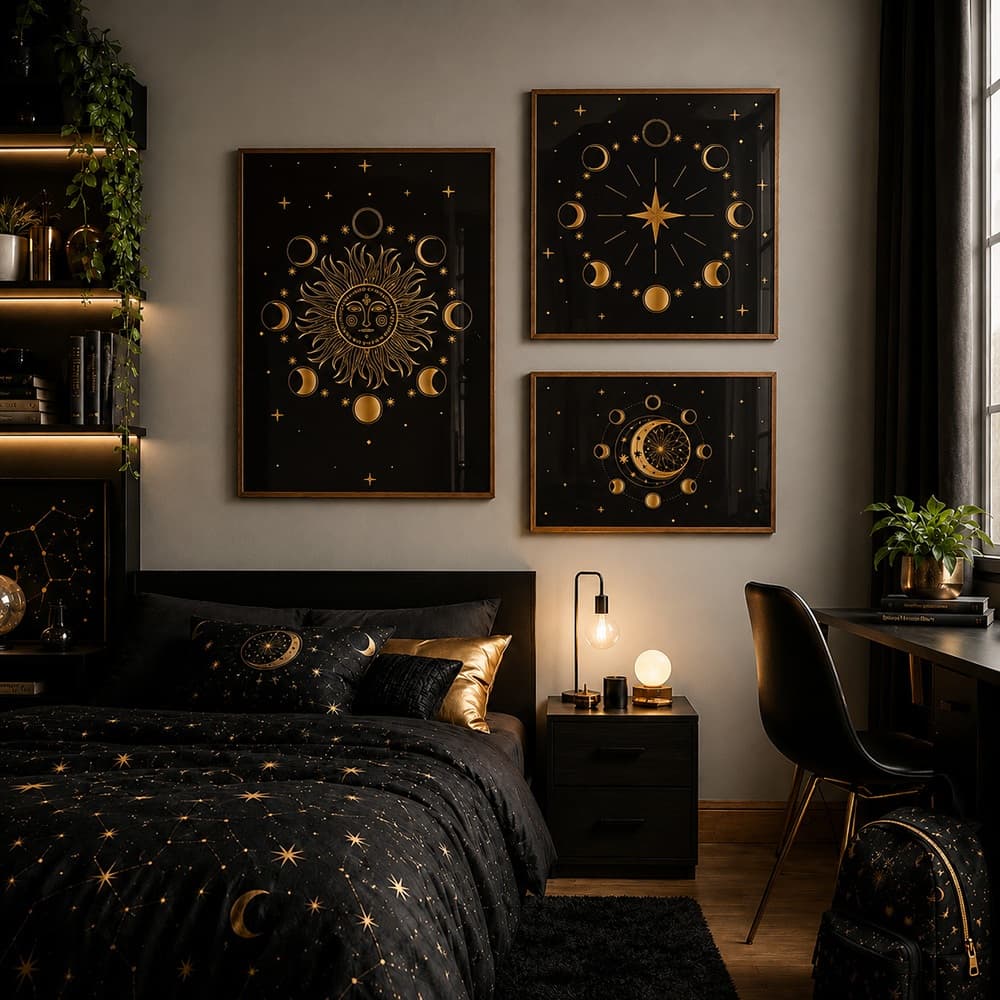 Quadro Decorativo Fases da Lua Místico Lua Crescente Kit 3 Peças com Moldura
