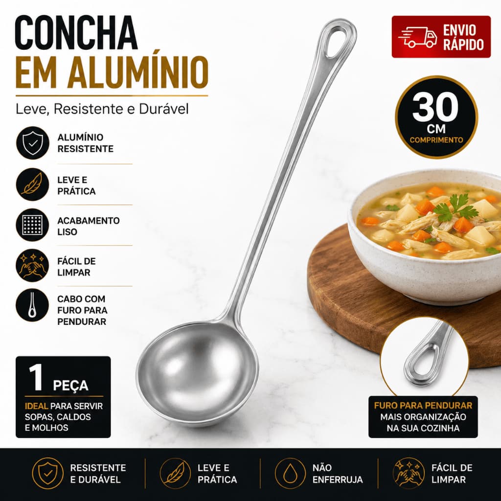 Concha de Alumínio Grande 30cm Resistente para Sopas e Caldos Multiuso