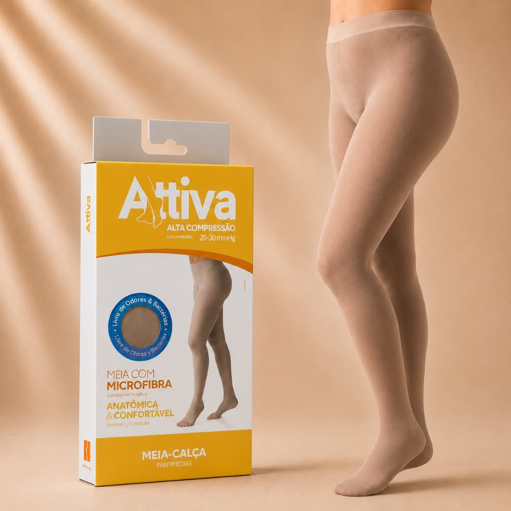 Meia Calça Alta Compressão 20-30mmHg Cor Natural Attiva Ponteira Fechada