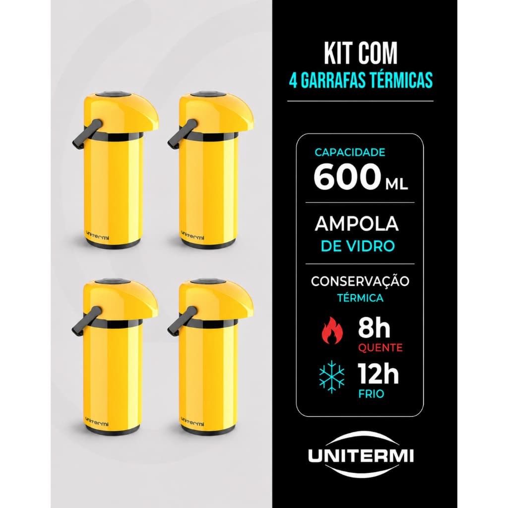 Kit 4 Garrafas Térmicas Conserva Café Chá 600ml Unitermi Verona Ampola de Vidro Alta Qualidade