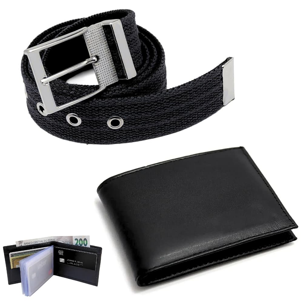 Kit Acessórios Masculinos Carteira Slim Compacta Couro + Cinto de Tecido Pano Lona c/ Fivela Presente  Homem Pai