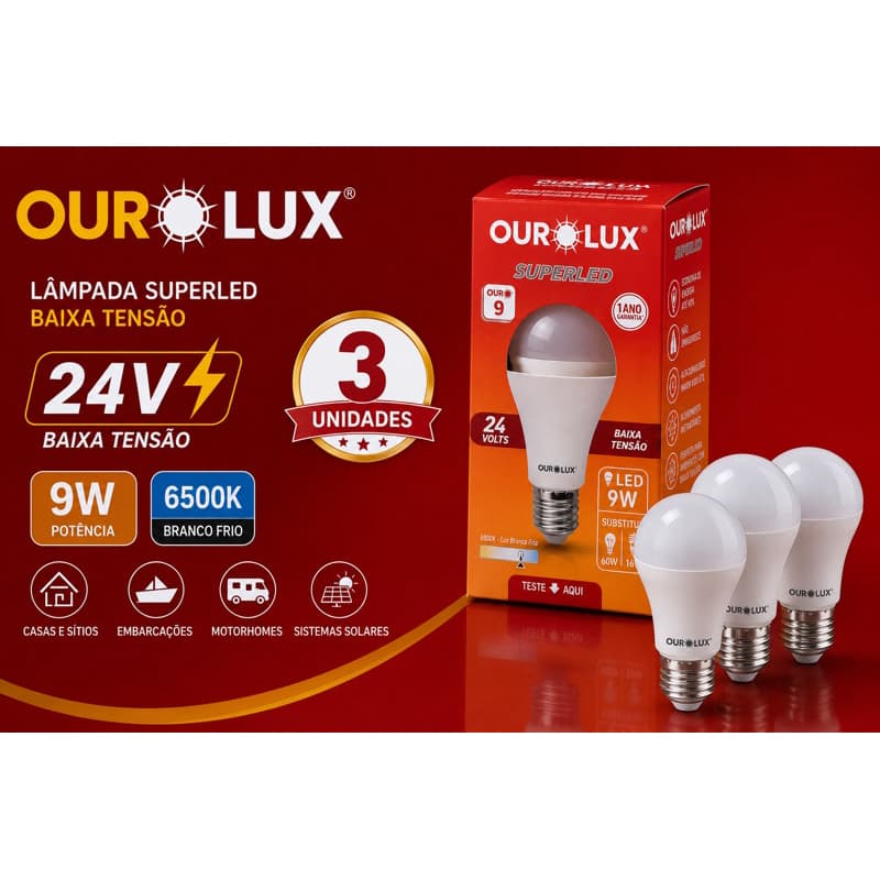 3 / 2 / 1 Lâmpada Bulbo 24V 9W Superled Baixa Tensão E27 Branco Frio Ourolux Onibus Barco Bateria  24 VOLTS DC