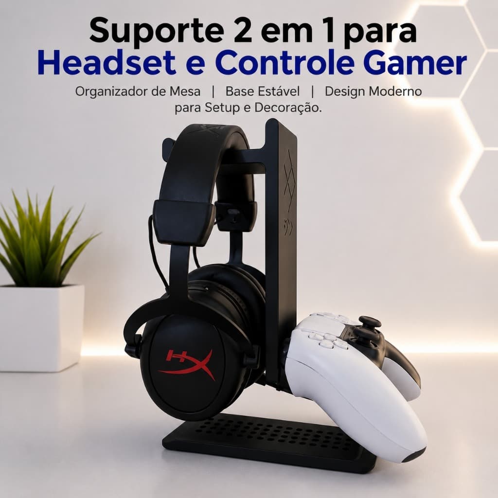Suporte 2 em 1 para Headset e Controle Gamer - Organizador de Mesa Base Estável - Design Moderno para Setup e Decoração.